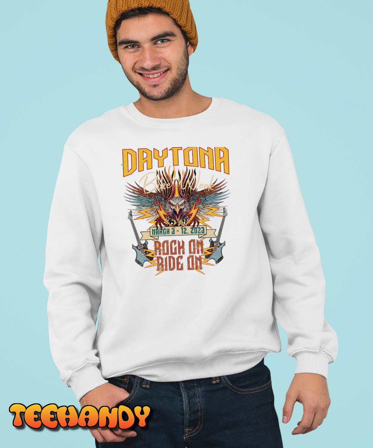 2023 DAYTONA BEACH BIKE WEEK ROCK ON RIDE ON ART ON FRONT T-Shirt